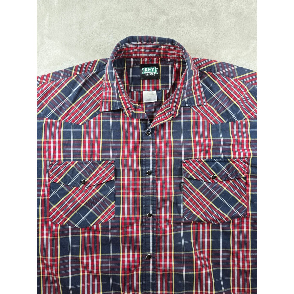 KEY Est 1908 Shirt Mens Extra Large Red Blue Plaid Western Pearl Snap Front